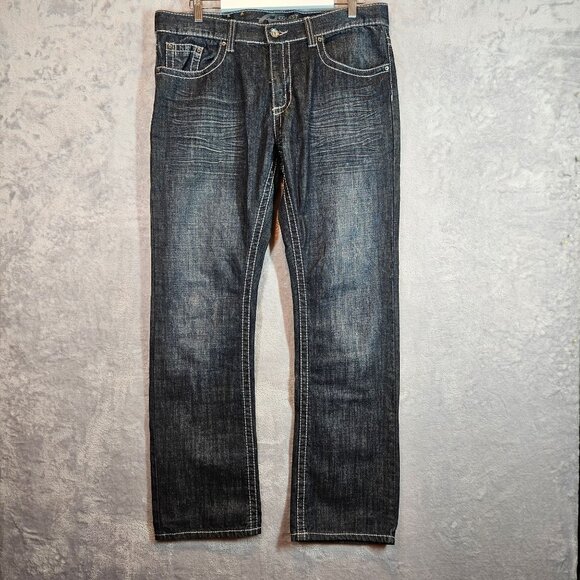 Request Jeans Mens 38 Straight Leg Denim Pants Dark Embellished Top Stitching - Picture 2 of 16